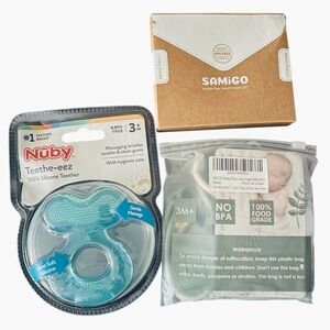 💥 NWT Nuby Teethe-eez Silicone Teether + Baby Accessories Set - Aqua & Beige